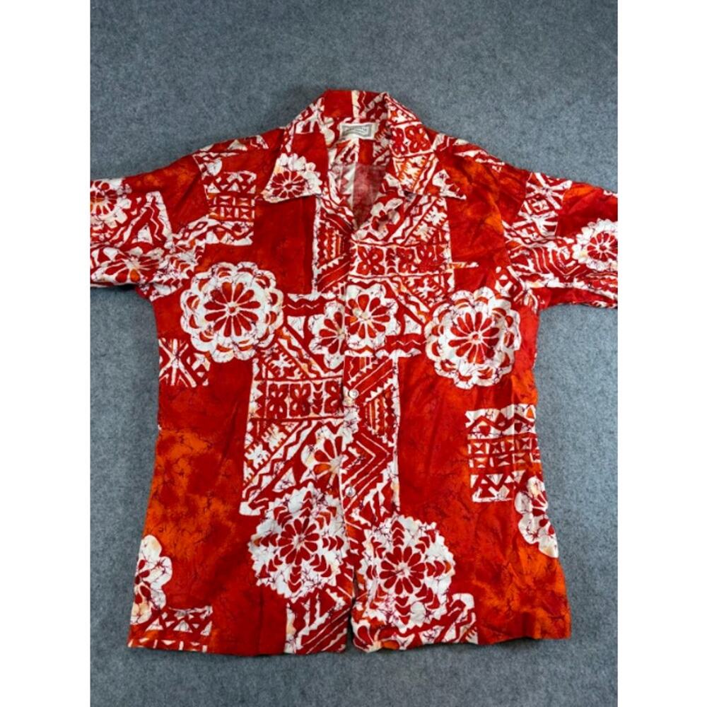 VTG Hawaiian Floral Tribal Shirt Mens L Red Aloha Button Up Beachwear Vacation